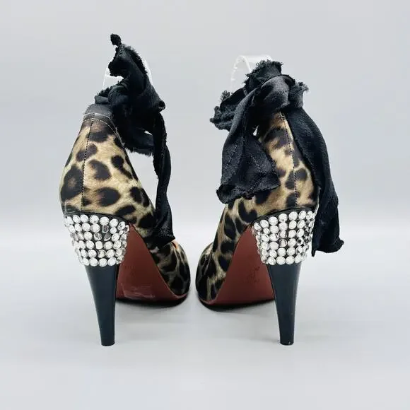 Lanvin x H&M Shoes Womens 6 Brown Pumps Leopard Ankle Wrap Rhinestone Heel - Picture 6 of 10